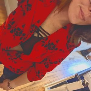 Vintage Red Dress Barn Blazer with sparkly black floral print size L